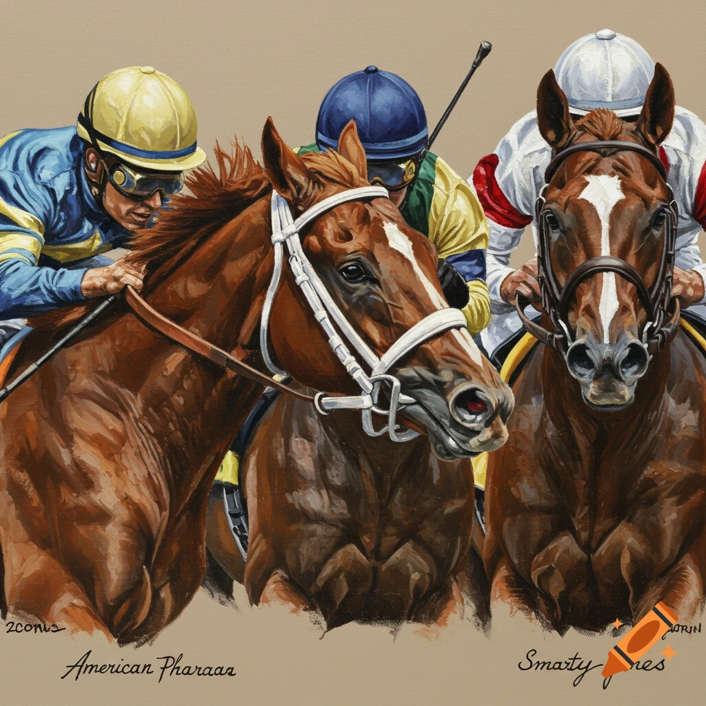 Oil painting of three racehorses and jockeys mid-race