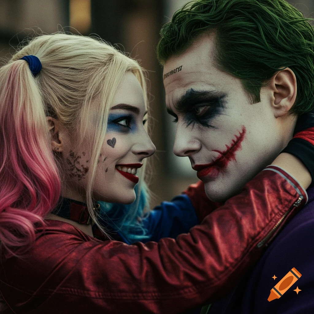 Harley Quinn and the Joker embrace and gaze at each other in a photorealistic style.