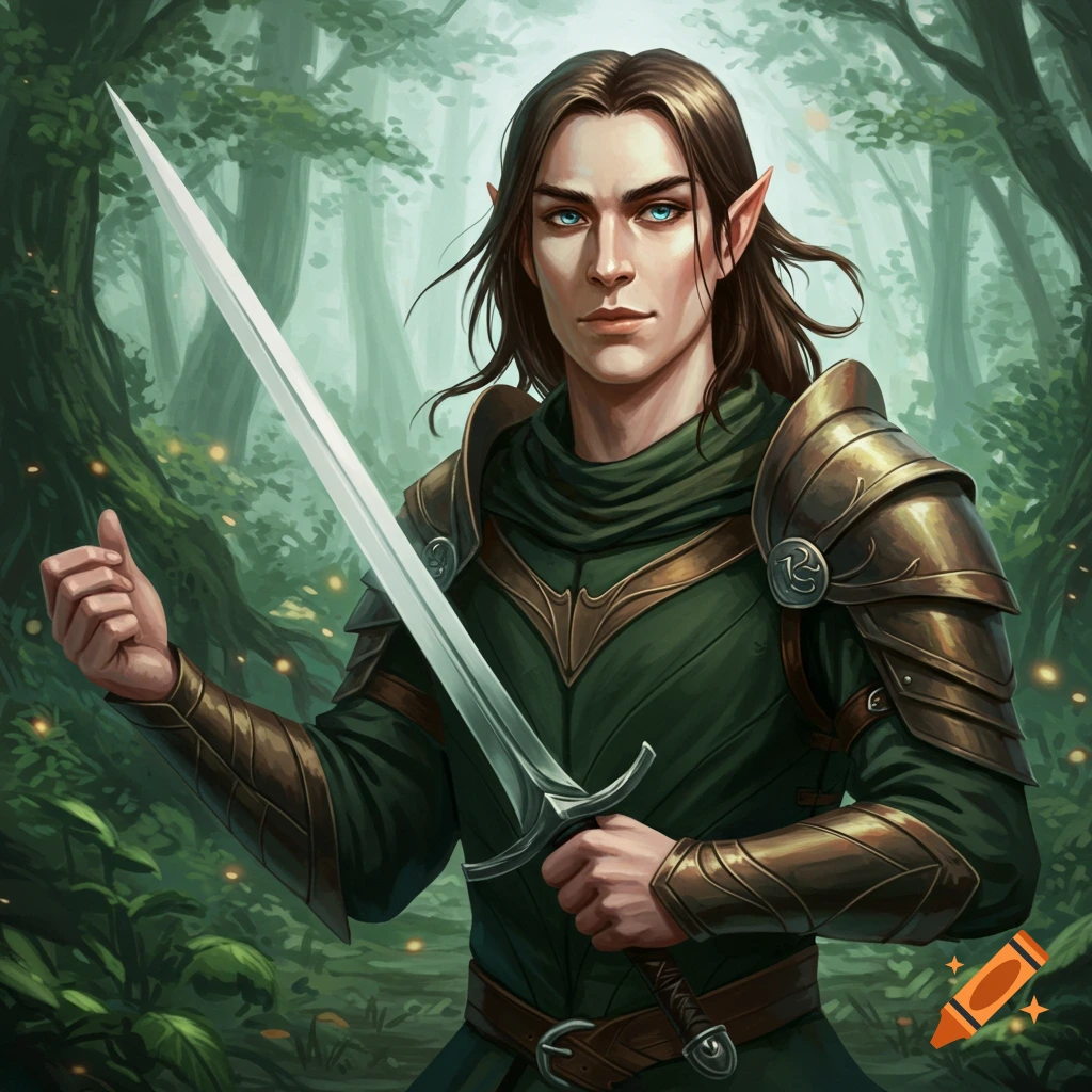 An elf in green and gold armor holds a sword in a forest.