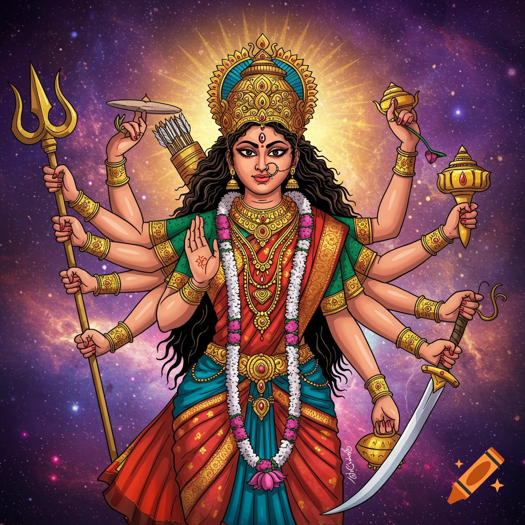 Multi-armed goddess with weapons and symbols against a cosmic background, illustration.