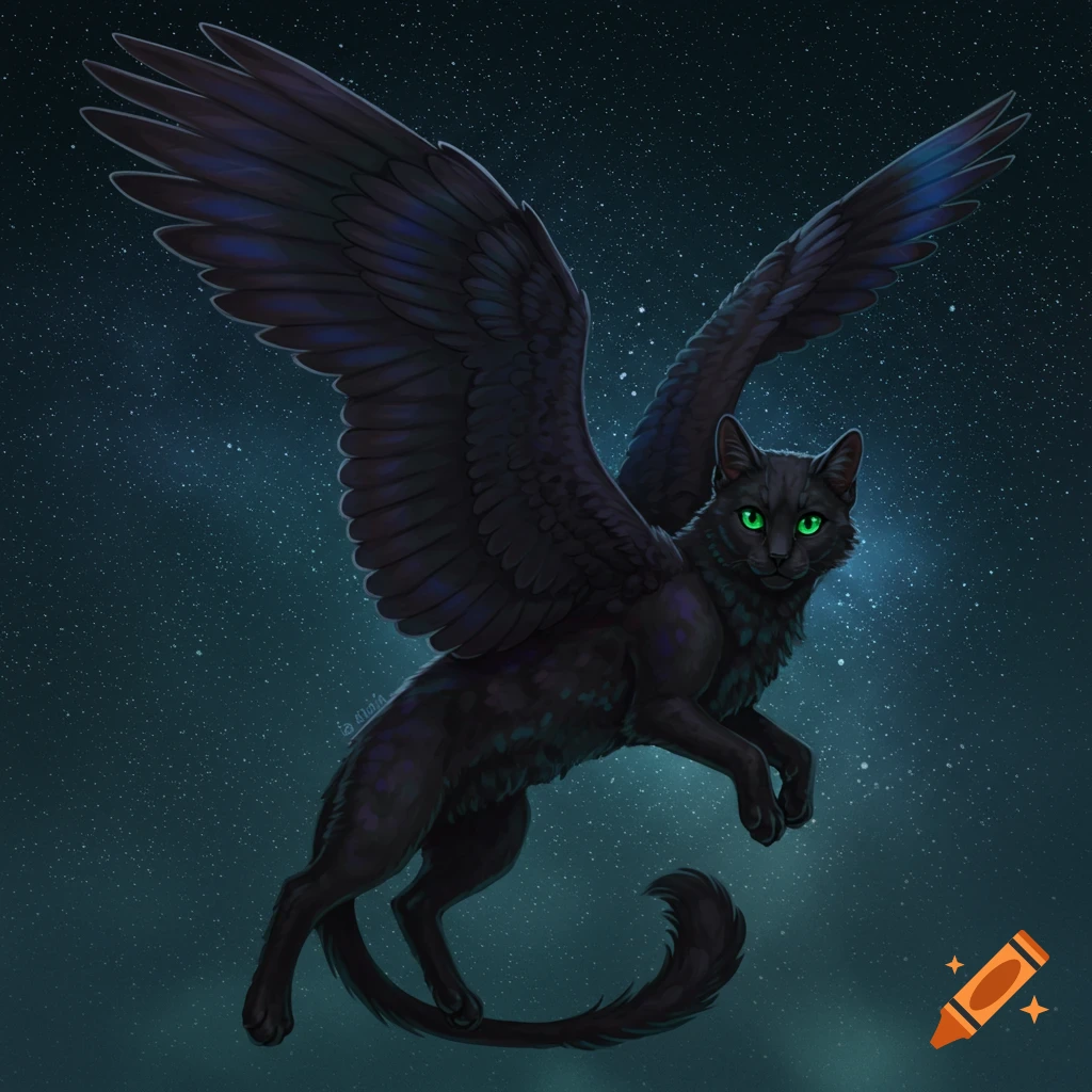 A black cat with large wings flies through a starry night sky.