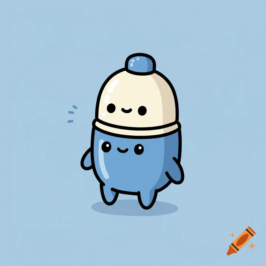A cute blue and white cartoon character stands against a light blue background.