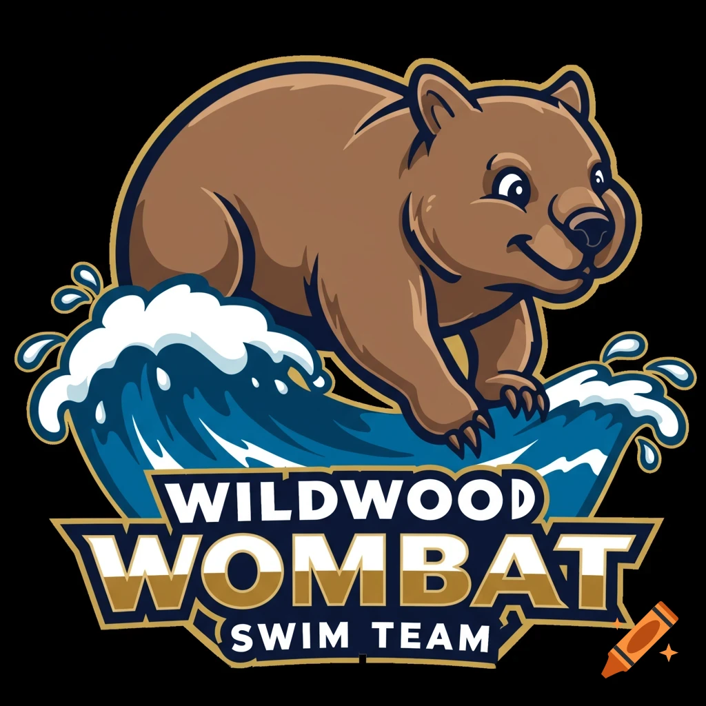 Cartoon logo of a brown wombat riding a wave. Text reads 'WILDWOOD WOMBAT SWIM TEAM'.
