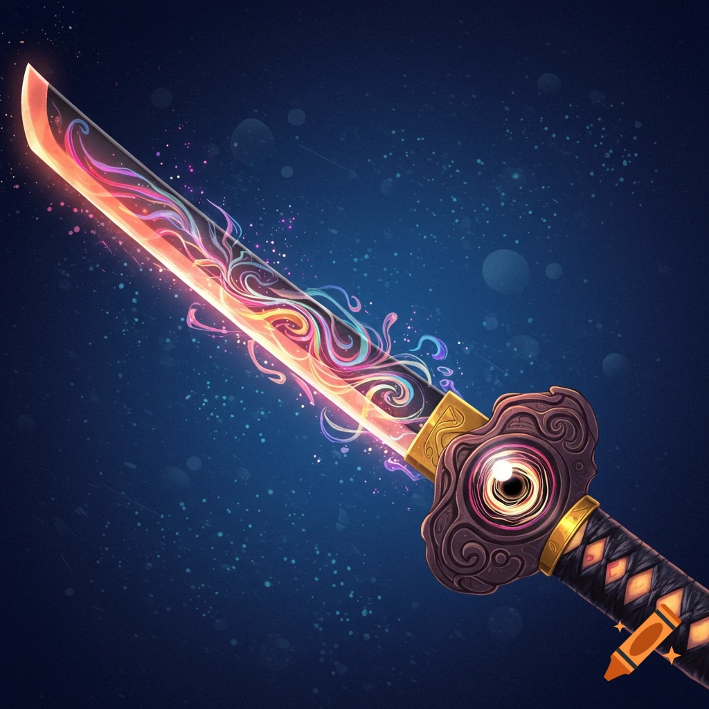 A glowing abstract katana with colorful swirling patterns on the blade and an eye on the ornate hilt, against a dark background.