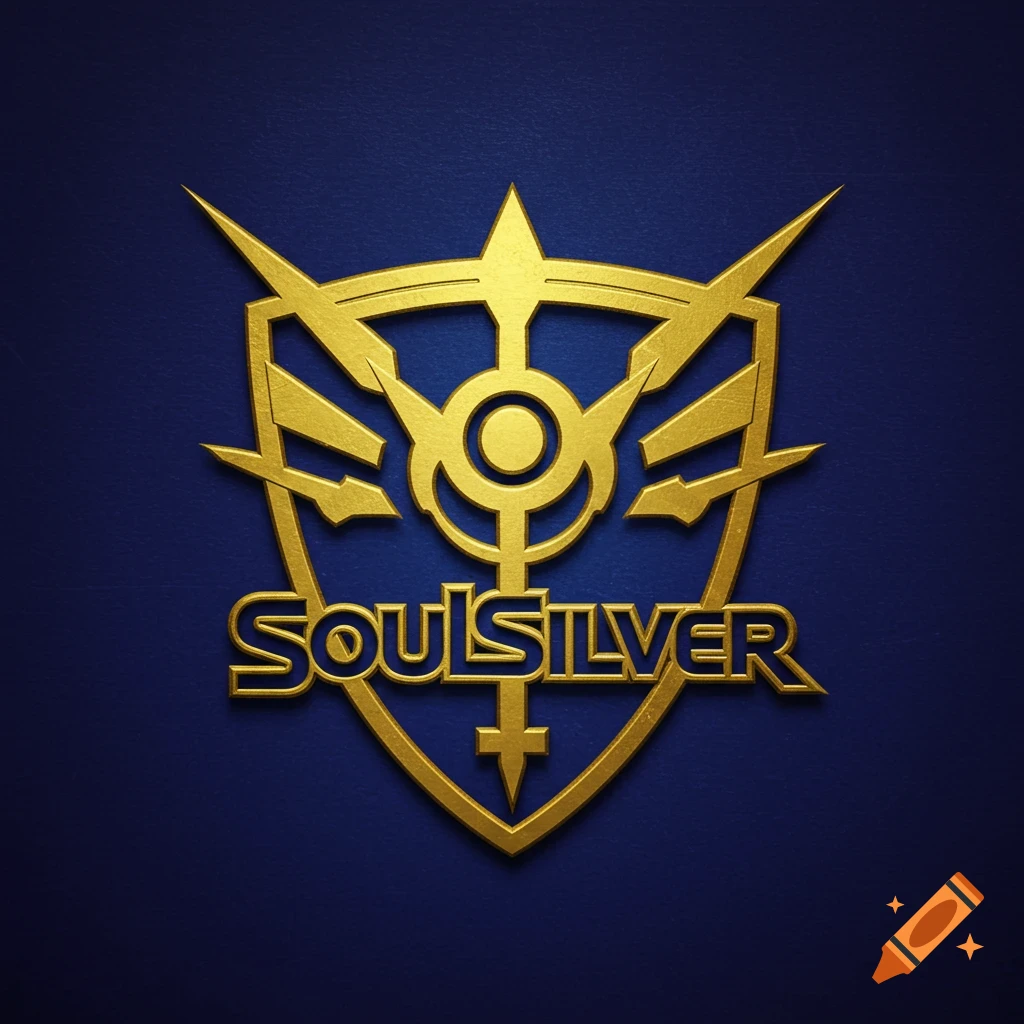 A golden crest with geometric elements and the text SOULSILVER on a textured blue background.