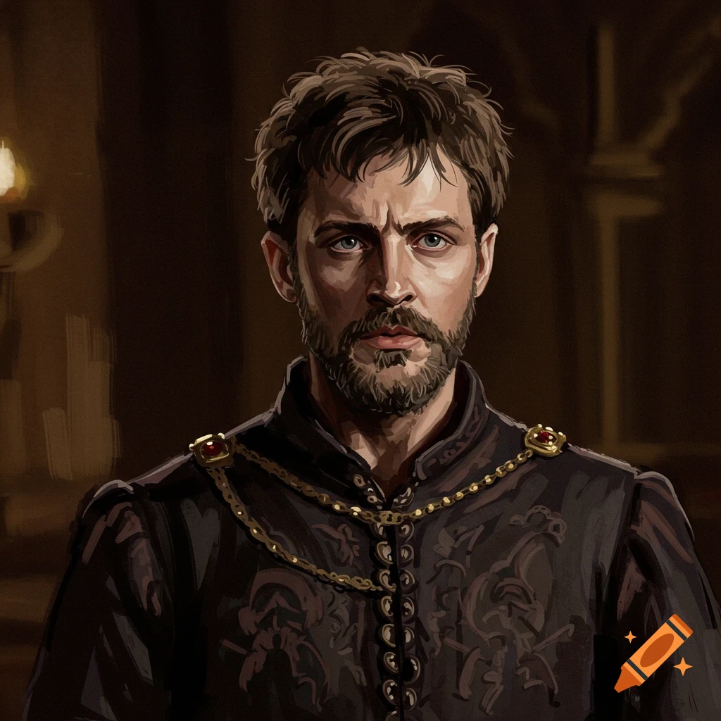 Painting of a man with a beard wearing dark period clothing and a gold chain.