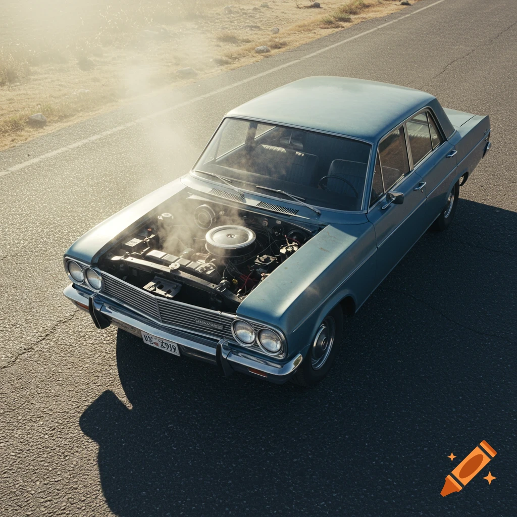 An overhead view of a vintage blue car with its hood open, steaming from the engine on a rural road.