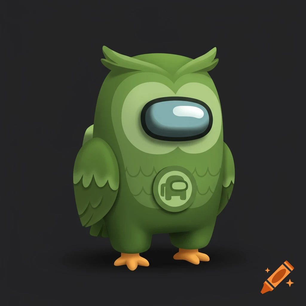 A green character resembling the Duolingo owl in the style of an Among Us crewmate.