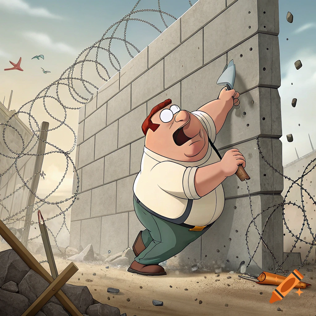 Cartoon of Peter Griffin pushing against a concrete wall with barbed wire with his belly.