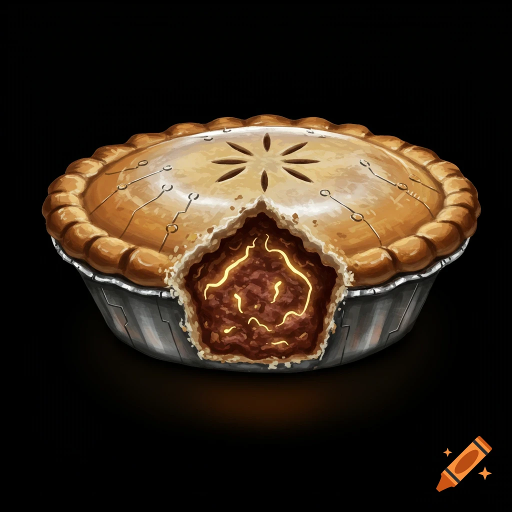 Sci-fi meat pie with glowing Australia-shaped filling and circuit crust.