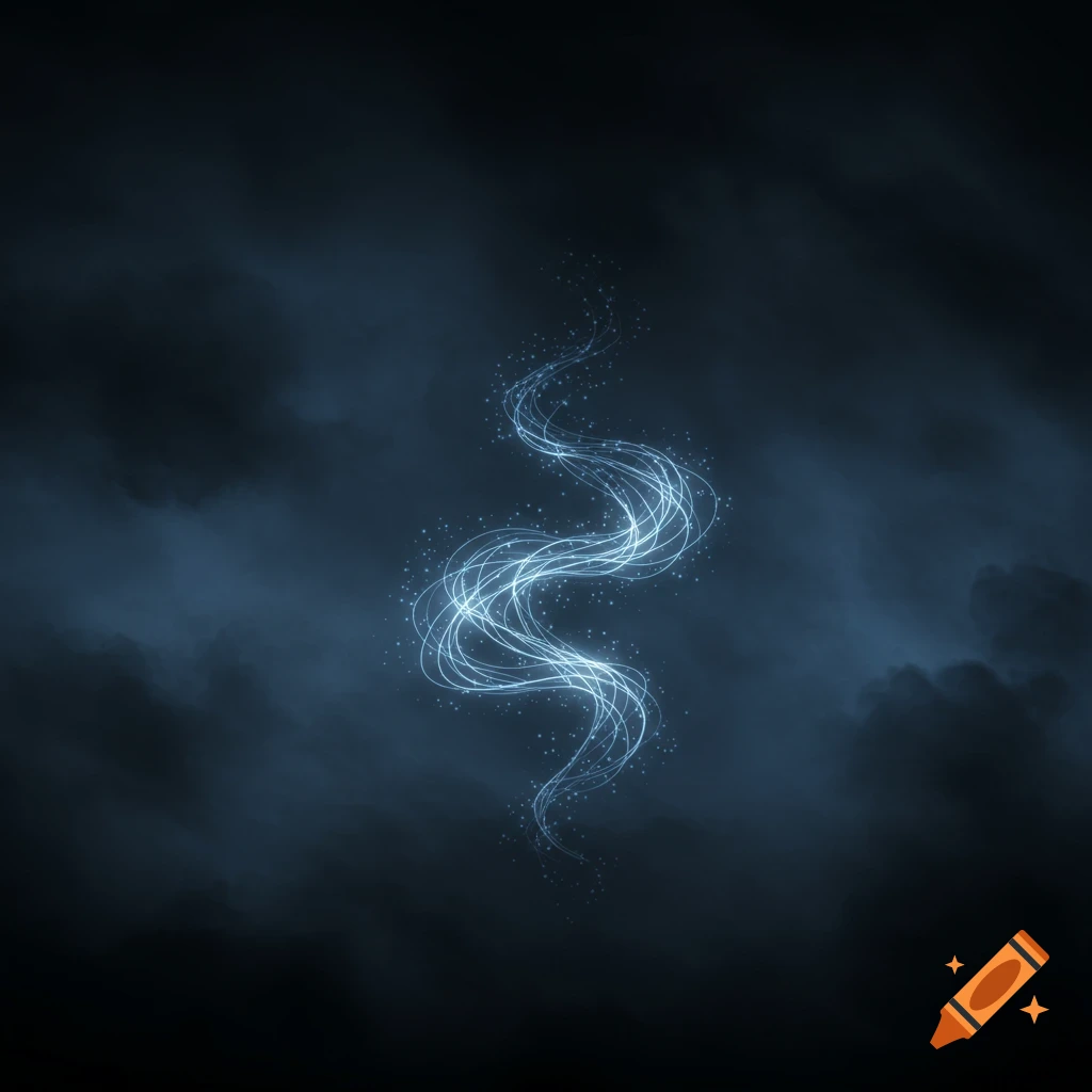 A bright blue abstract light swirl against a dark, cloudy background.