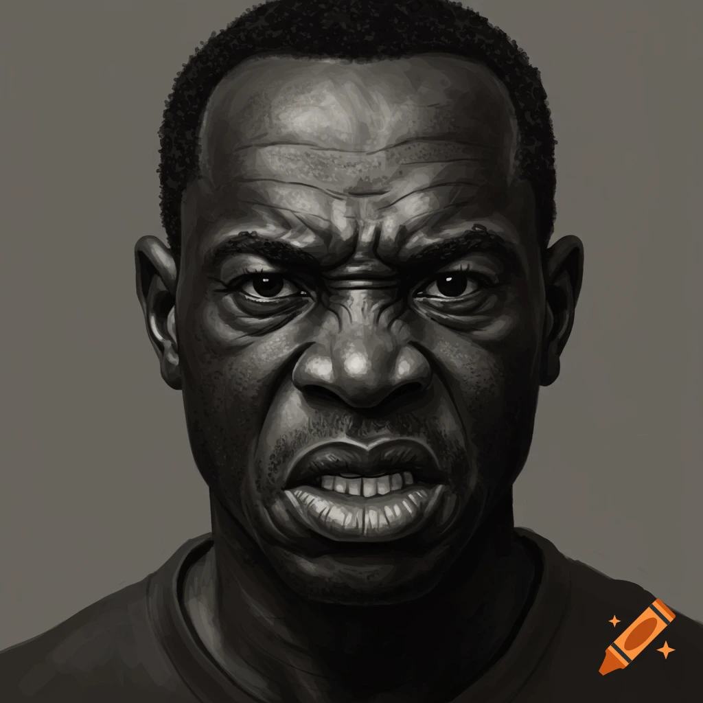 Grayscale portrait of a man with an intensely angry expression and exaggerated wrinkles.