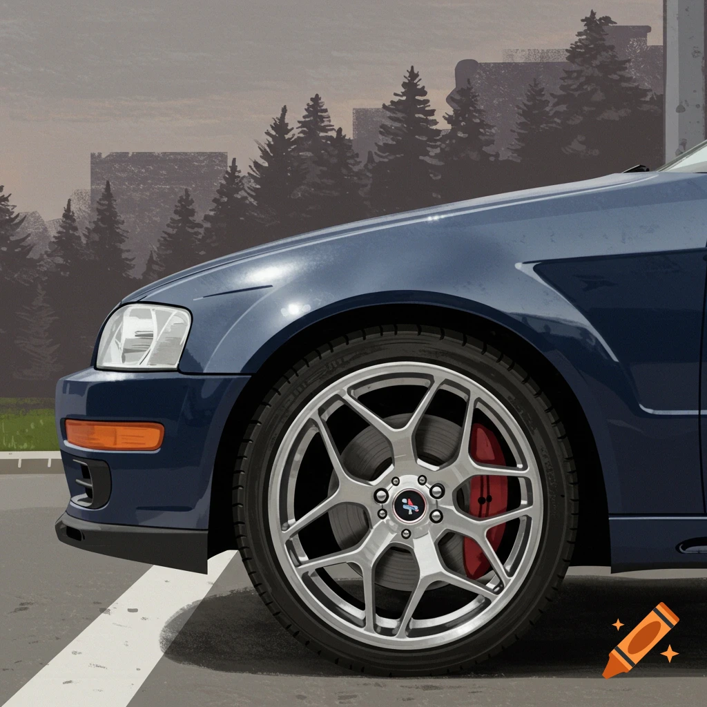 Close-up stylized illustration of the front wheel and fender of a blue car.