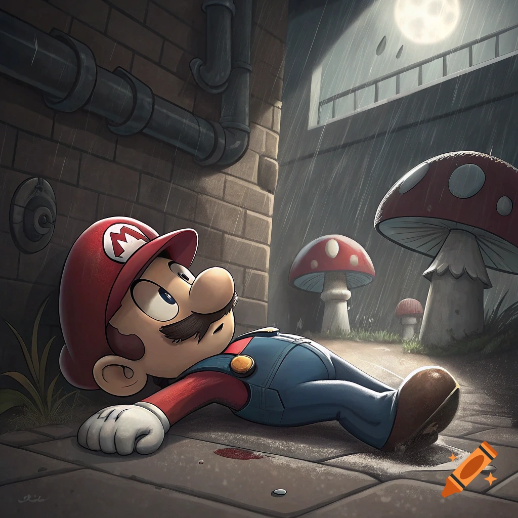 Mario lies on the ground in the rain next to pipes and mushrooms, blood spatters nearby. Illustration style.