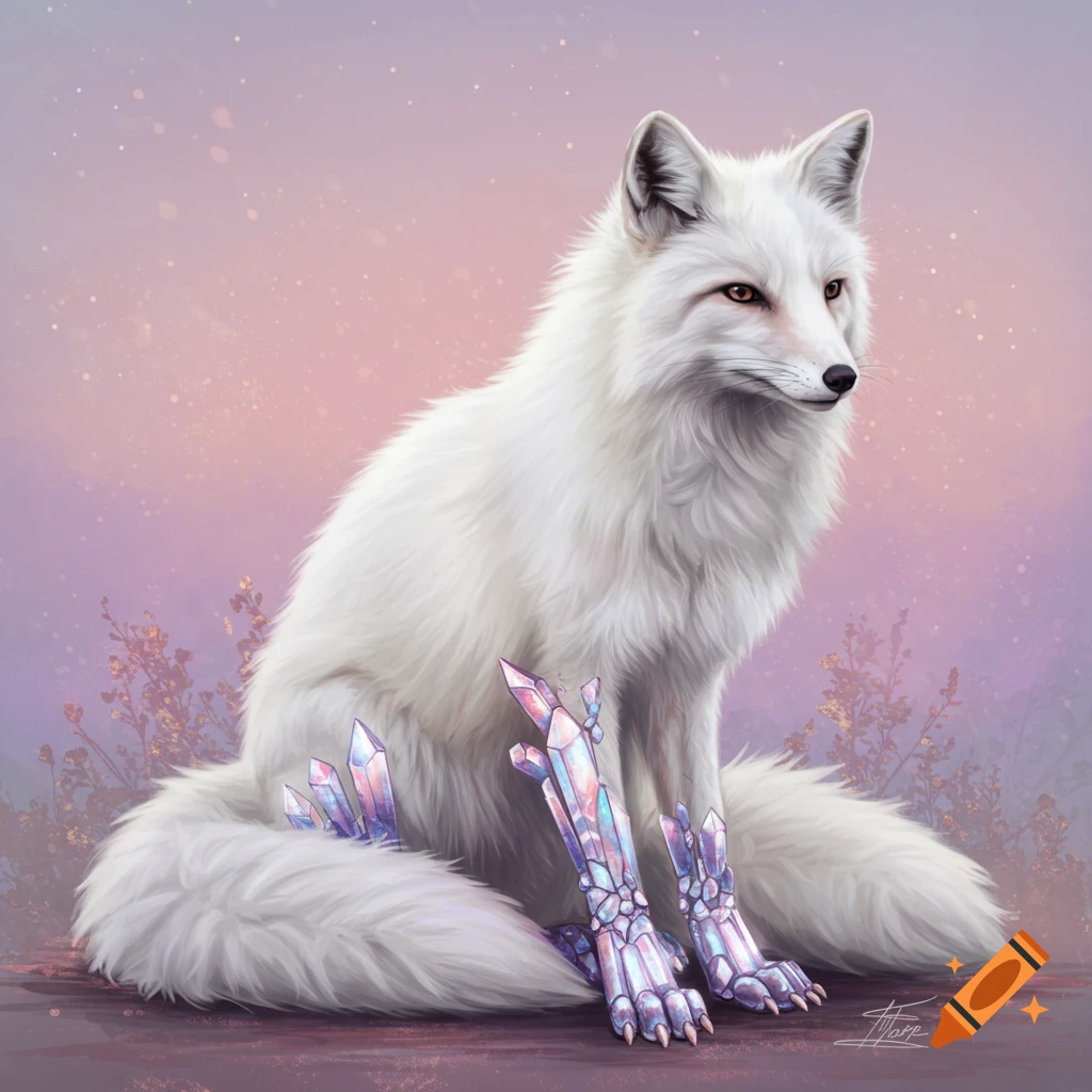 White fox with iridescent crystalline paws sitting in a fantasy landscape.