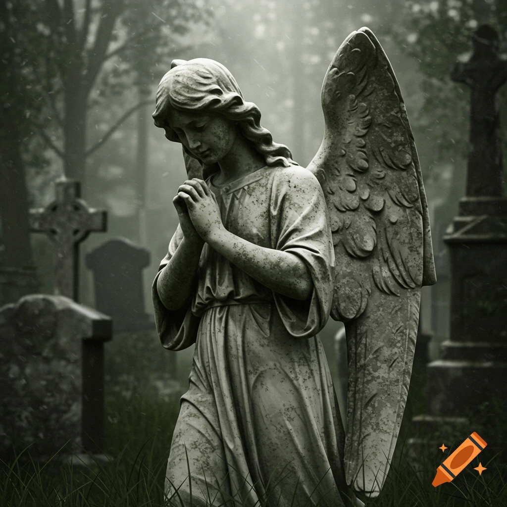 Stone angel statue praying in a misty cemetery with gravestones and trees