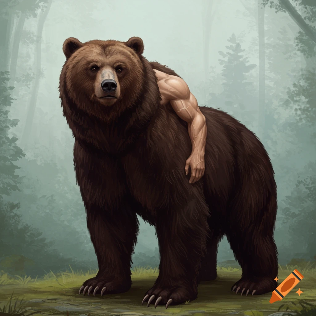 Illustration of a brown bear in a forest with a human arm attached to its back.