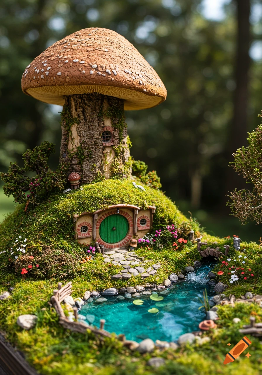 A miniature diorama of a mushroom hobbit house with a round green door, nestled in moss with a small pond.