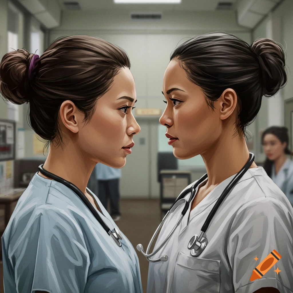 Two female nurses in scrubs and stethoscopes stand facing each other in a hospital hallway. Realistic illustration.