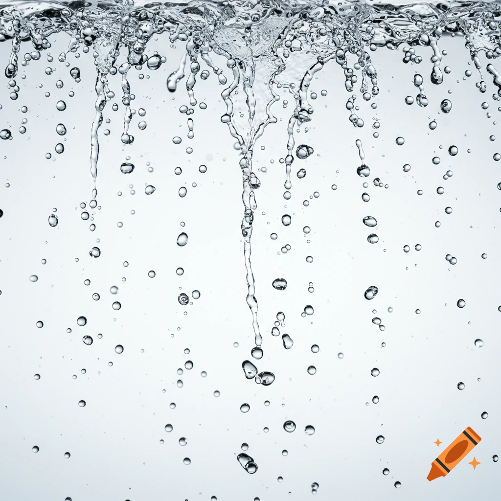 Close-up of water dripping with many droplets and streams against a light background.