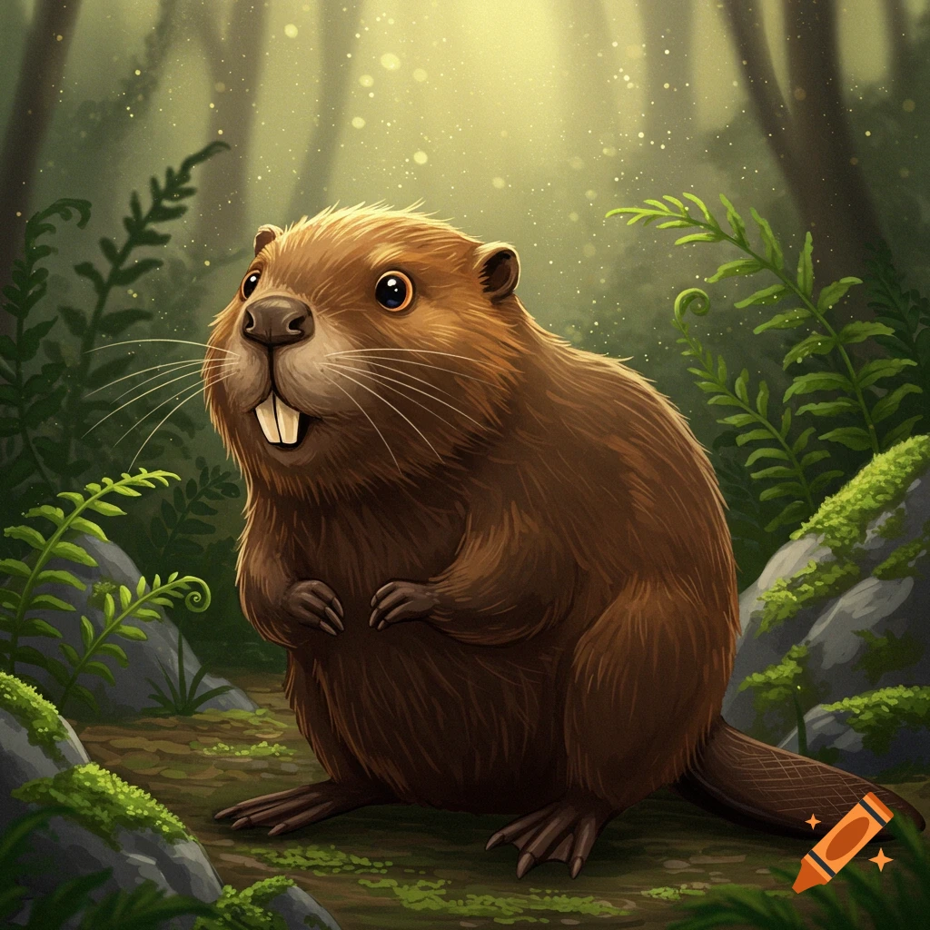 A cute cartoon beaver sits in a forest clearing with sunlight rays.