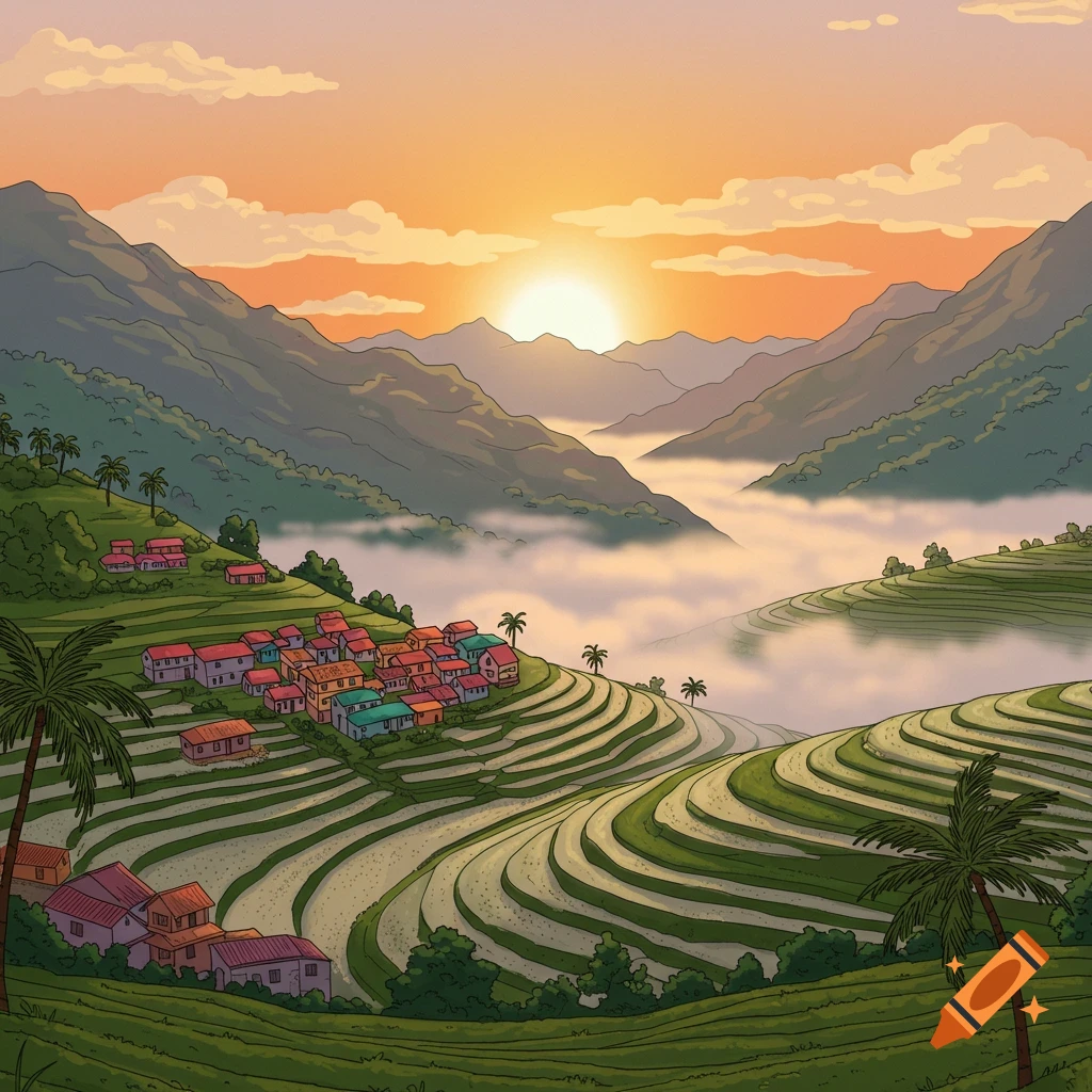 Cartoon landscape of a village and terraced fields in a mountain valley with mist at sunrise.