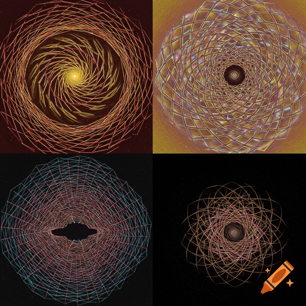 Four abstract images of swirling, colorful geometric patterns forming mandala-like shapes.