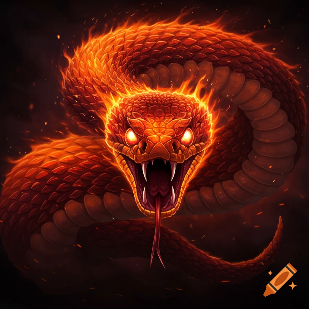 A fiery orange snake with glowing eyes and fangs, mouth open, against a dark background.