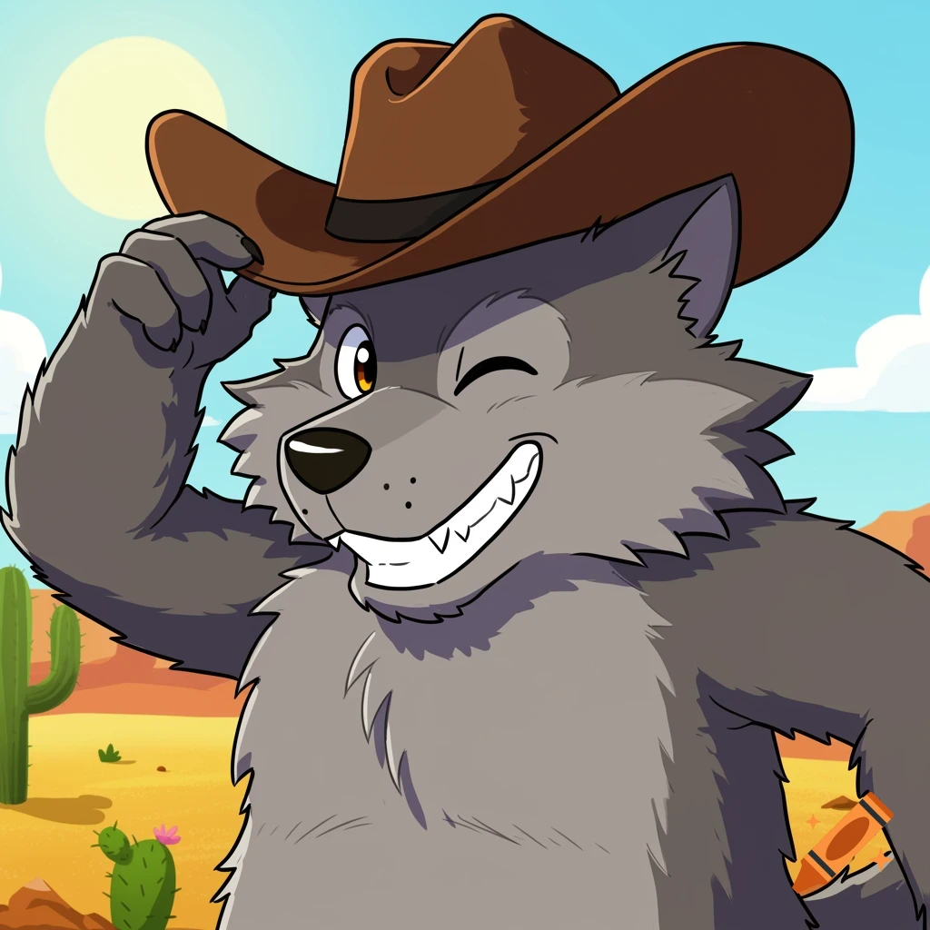 Cartoon wolf wearing a cowboy hat, winking, in a desert scene.
