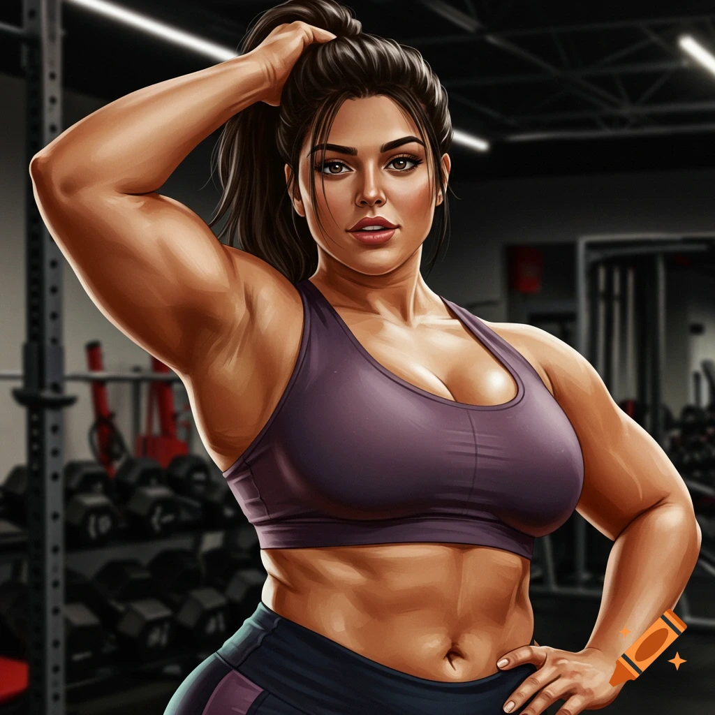 Stylized illustration of a muscular brunette woman in a sports bra in a gym.