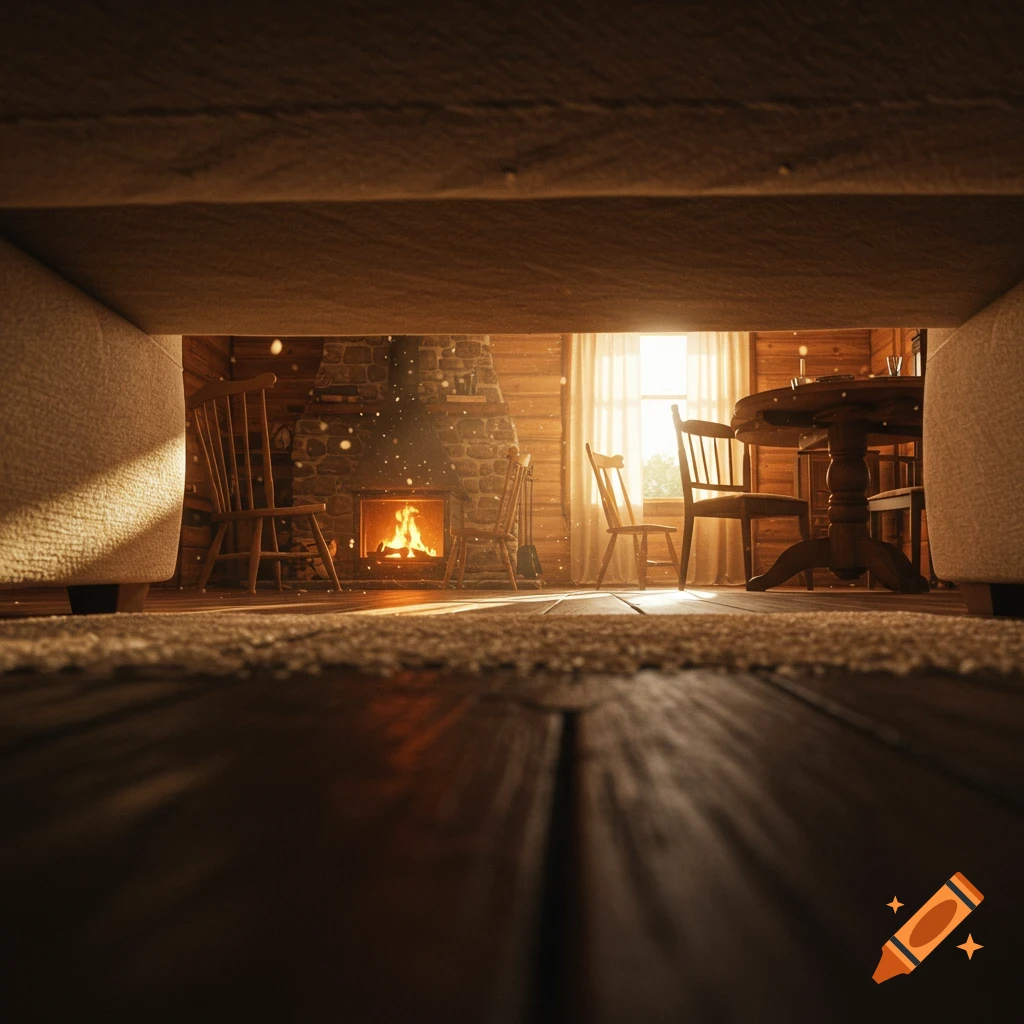 View from under a couch looking into a cozy cabin with a fireplace and furniture.