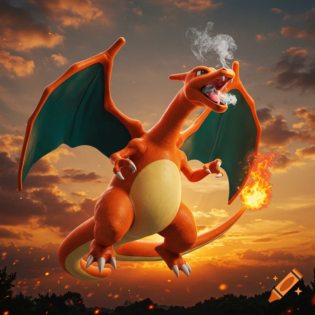 A detailed rendering of Charizard flying and breathing smoke against a sunset sky with fire on its tail.