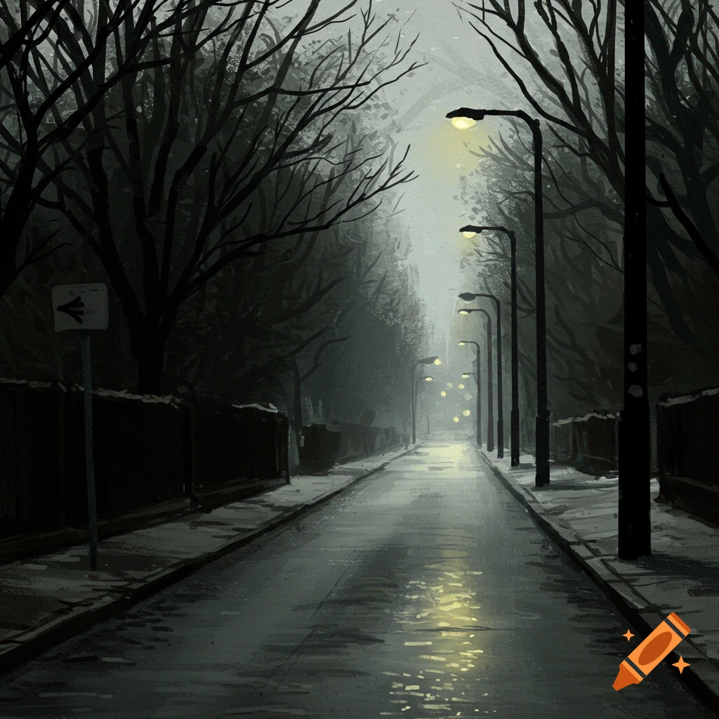 Painterly illustration of a dark, wet street at night with glowing lampposts.