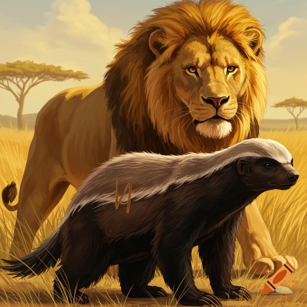 A lion stands behind a honey badger in a grassy savanna.