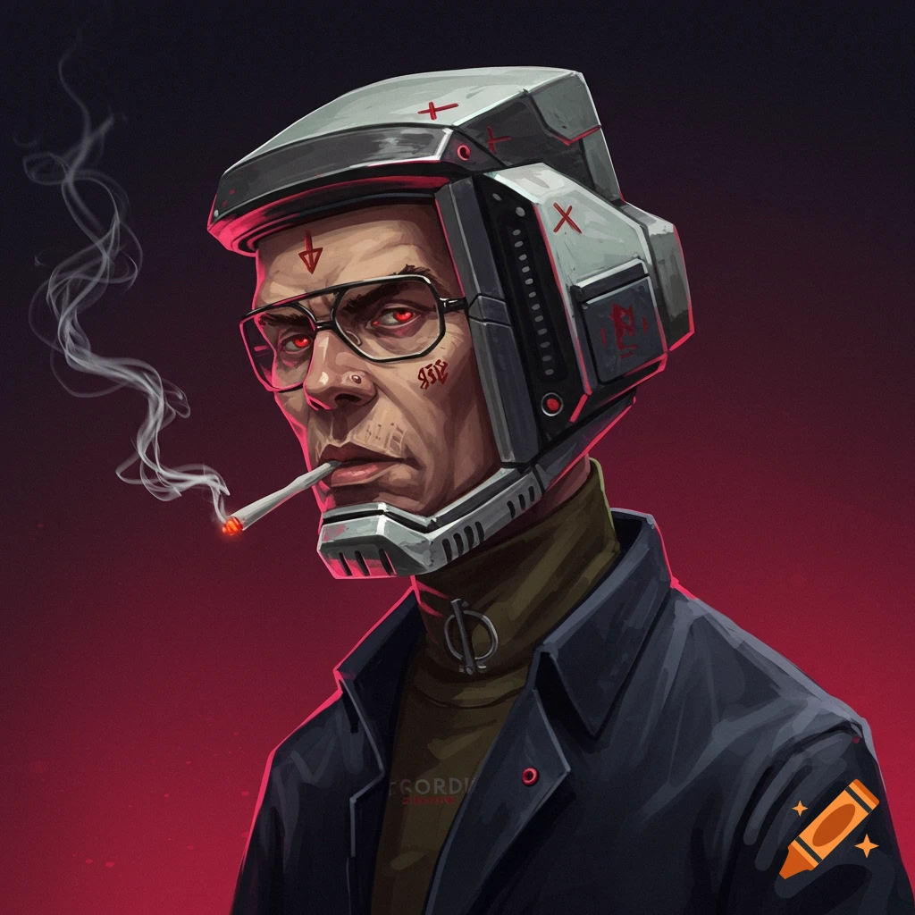 Stylized portrait of a person with red eyes, glasses, and a futuristic helmet, smoking a cigarette.
