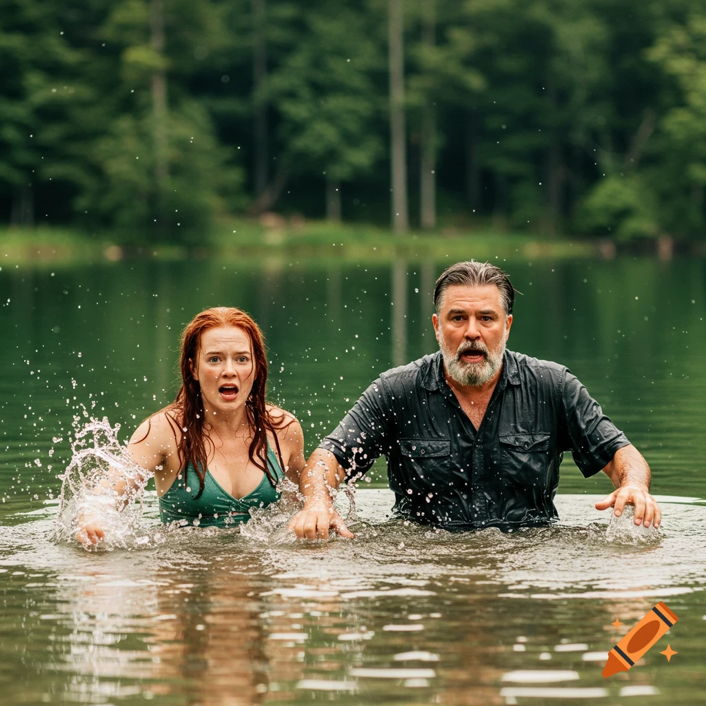 Two people with surprised expressions splashing in a lake