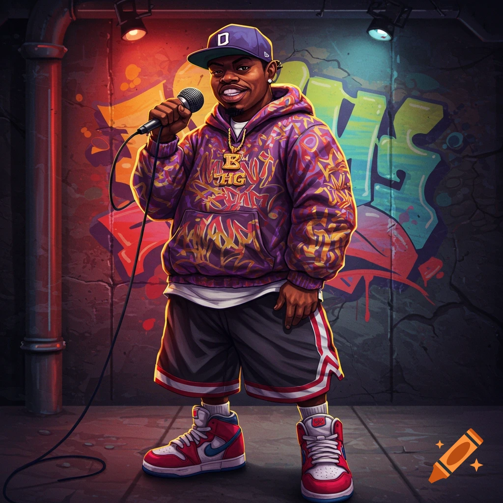 A stylized illustration of a rapper holding a microphone in front of a graffiti wall.