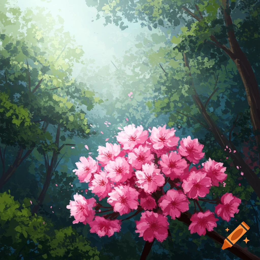 Pink cherry blossoms blooming in a forest clearing, illustrated in an anime style.