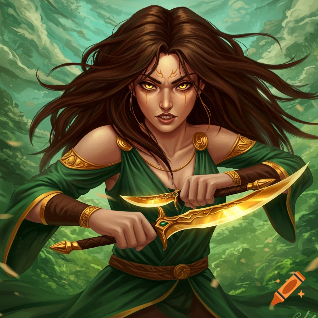 Illustration of a fierce fantasy woman in a green dress holding golden daggers in a forest.