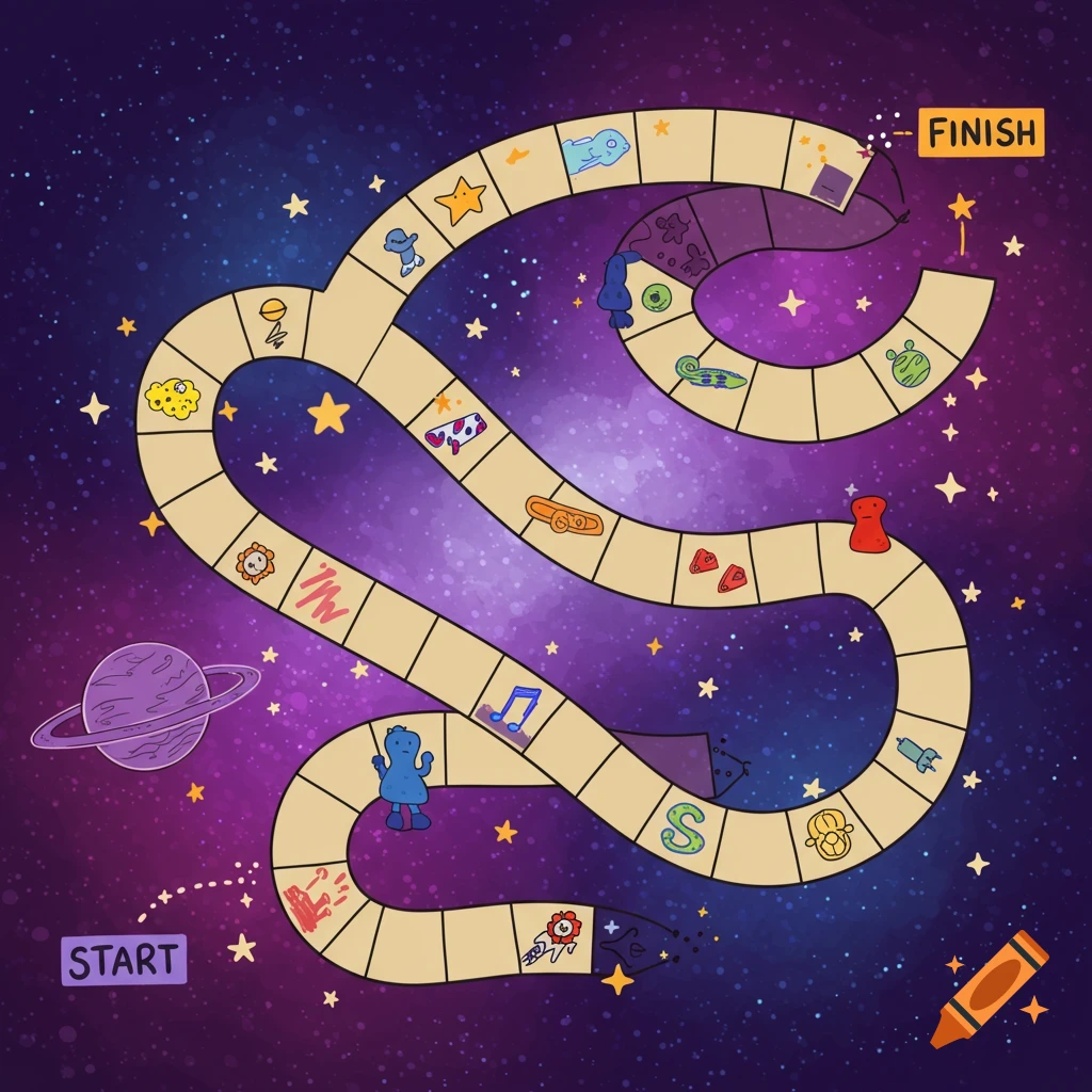 A colorful cartoon board game set in space, featuring a winding path with tiles, planet, stars, and character tokens.