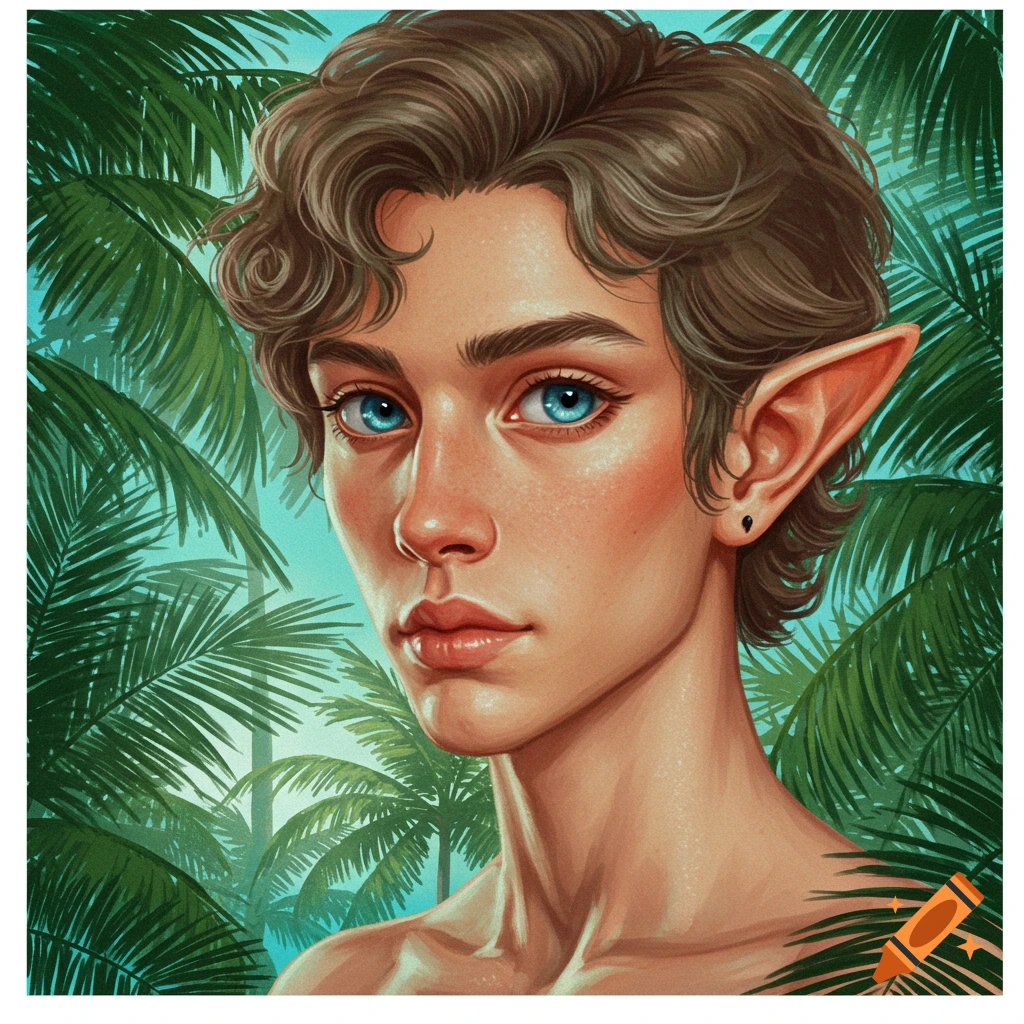 Portrait of a person with pointed ears and blue eyes in front of palm trees.