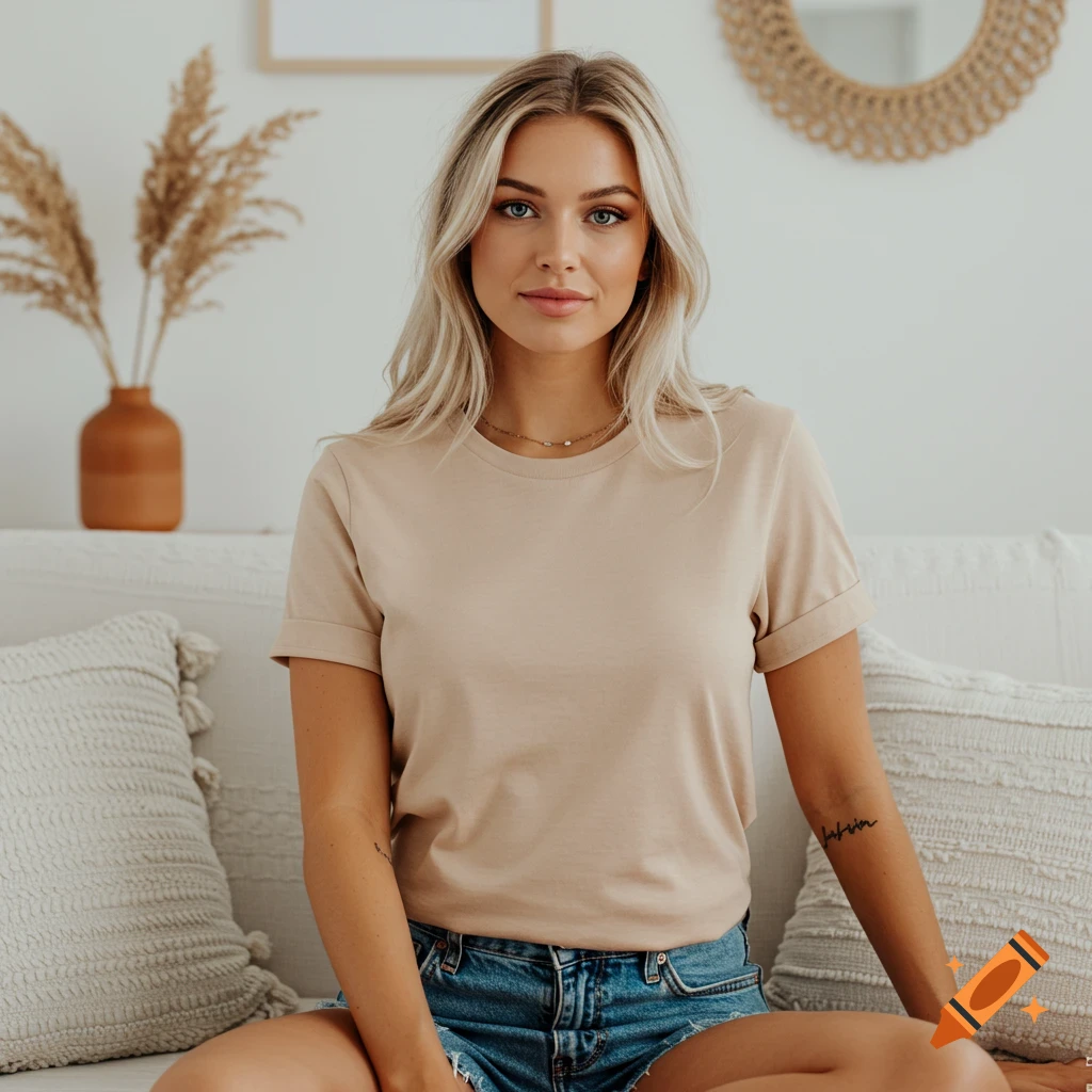 A blond woman wearing a tan t-shirt and denim shorts sits on a white couch in a boho room.