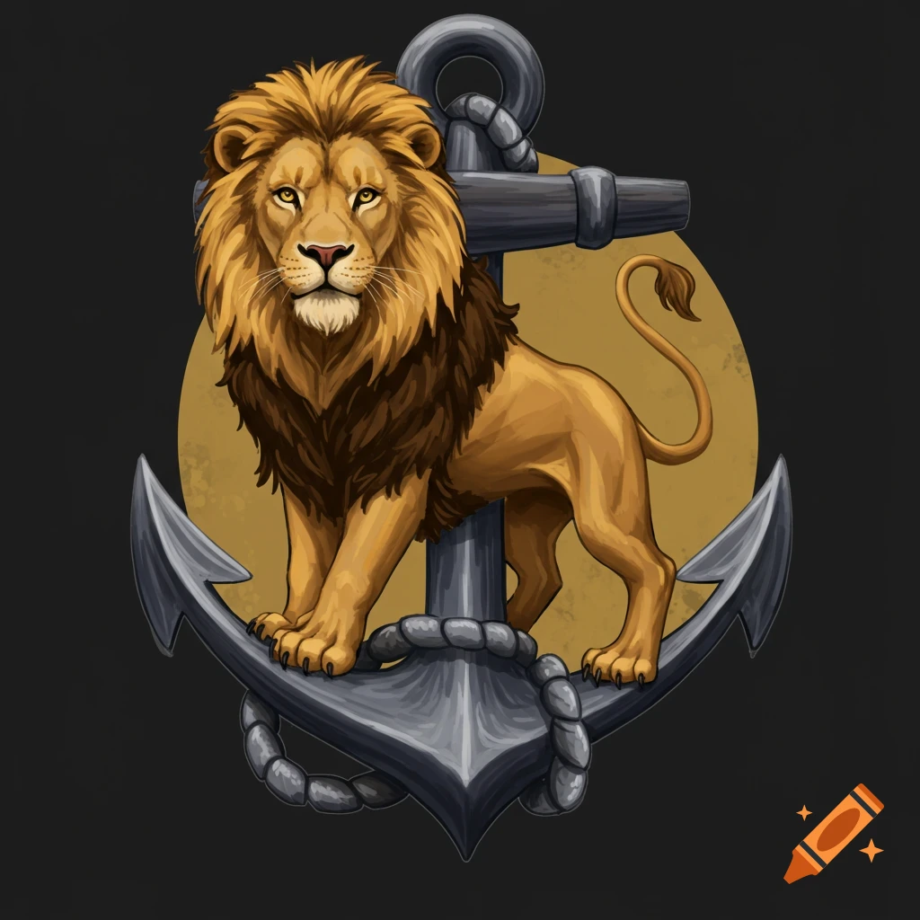 Cartoony lion standing on a ship anchor against a yellow circle.