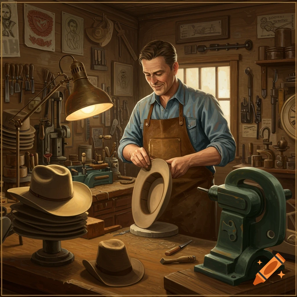 A craftsman shapes a hat in a cluttered workshop filled with tools.