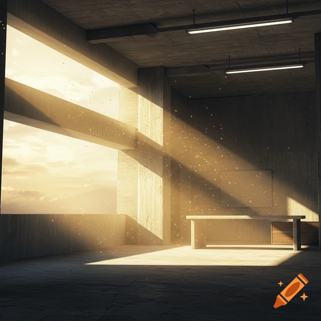 Brutalist office interior with sunbeams through a large window