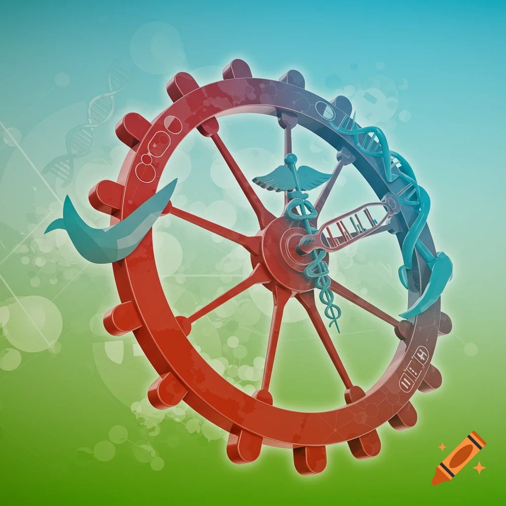 3D illustration of a red gear wheel with a blue caduceus and DNA helix wrapped around it, against a gradient background.