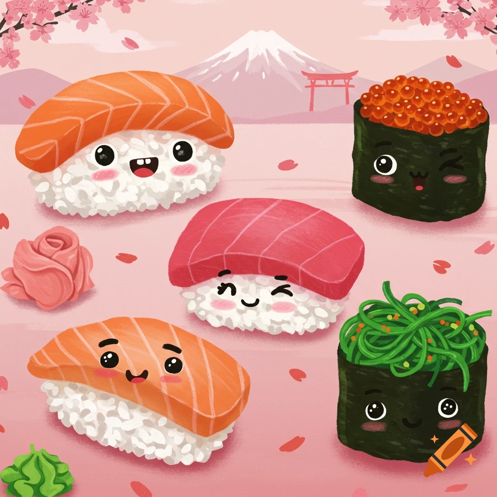 Cute cartoon sushi characters with Mount Fuji and cherry blossoms in the background.