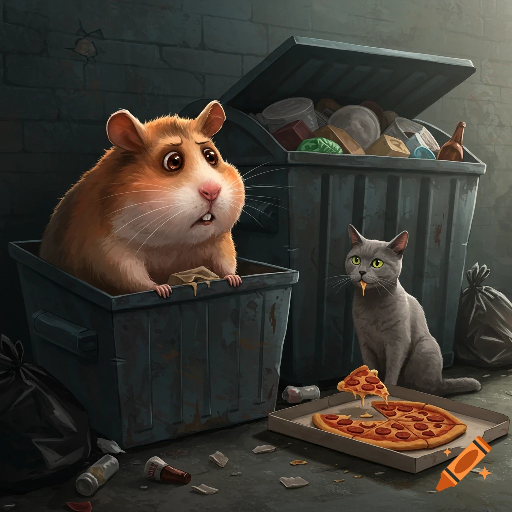 Cartoon image of a scared giant hamster in a dumpster while a cat eats a pizza slice nearby.