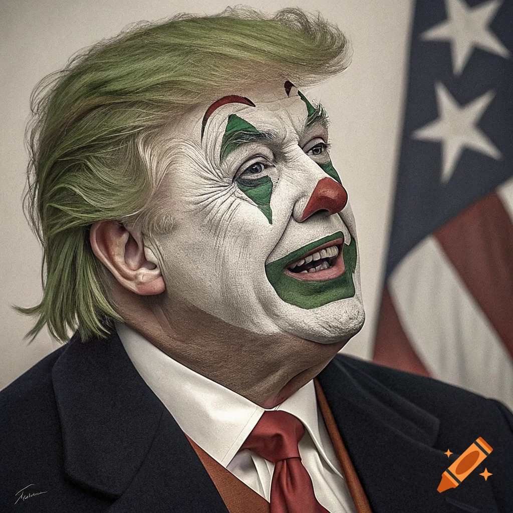 Close-up photorealistic portrait of a person resembling Donald Trump wearing Joker clown makeup, a suit, and green hair, standing in front of an American flag.