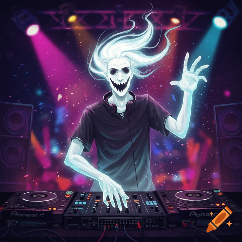 A glowing ghost DJ mixes music on turntables in a club with stage lights.